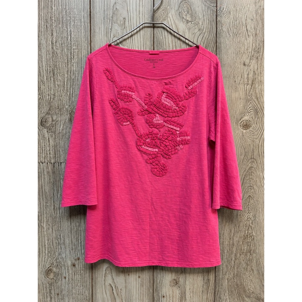 Coldwater Creek Pink Cotton 3/4 Sleeve Top Ribbon Floral Applique Large 14